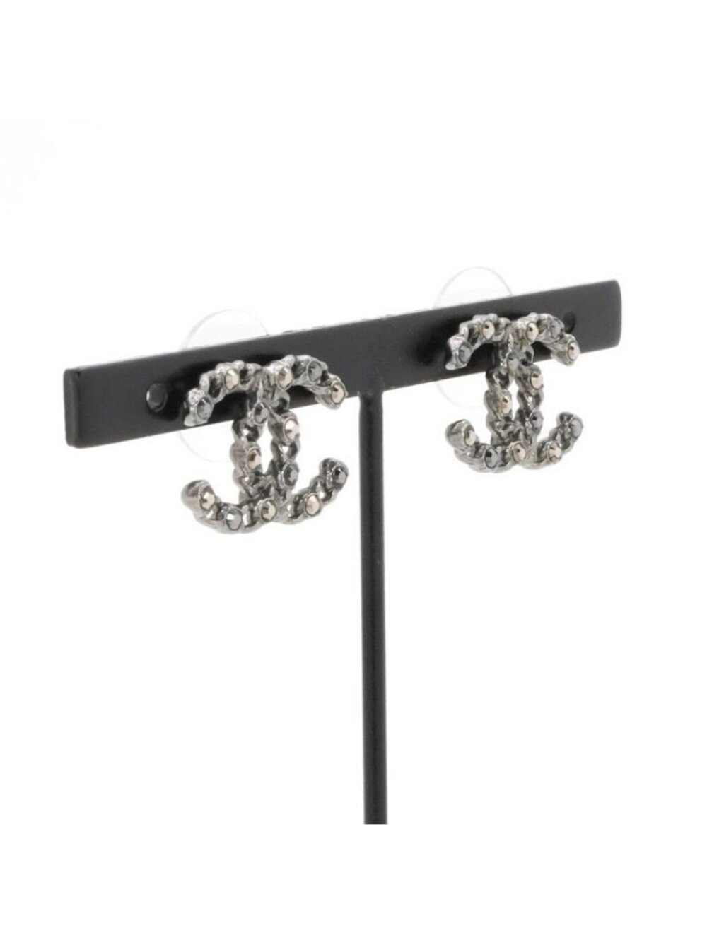 Chanel Earrings Silver Black Coco Mark Rhinestone - Picture 7 of 10